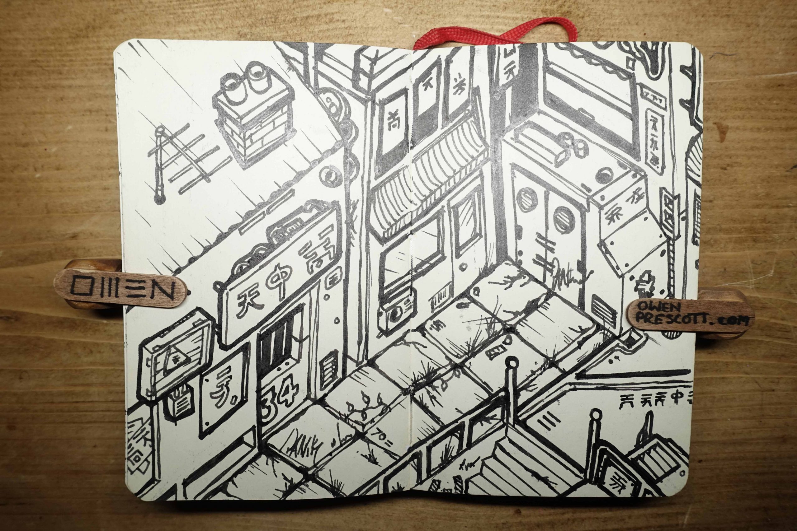 Isometric Japanese Street Scene, Ink Sketchbook Drawing Isometric ink sketch of a Japanese street with kanji shop signs, awnings, street lamps and cracked paving