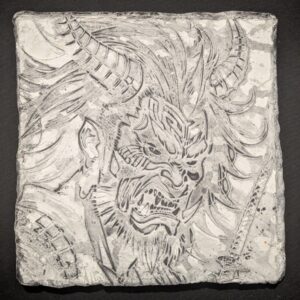ONI YOKAI Clay Relief - Handmade Japanese Demon Sculpture, 20x20cm