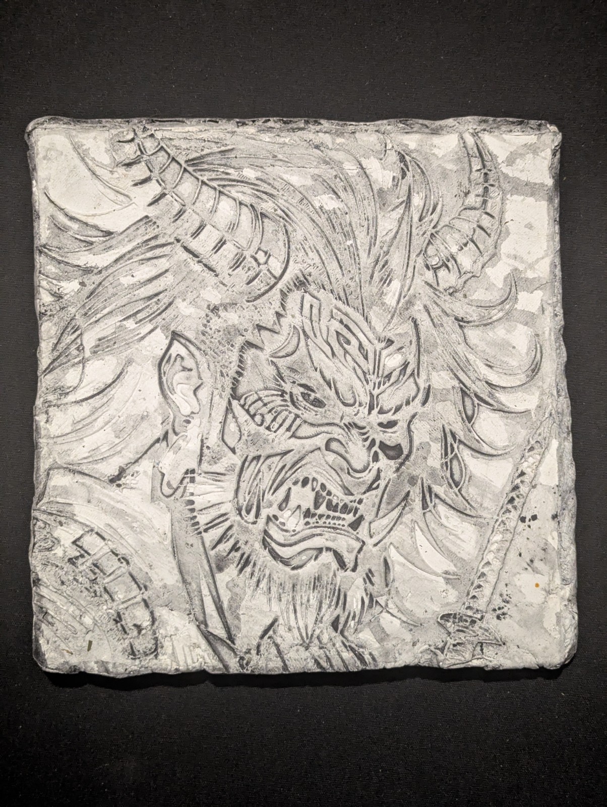 ONI YOKAI Clay Relief - Handmade Japanese Demon Sculpture, 20x20cm - Image 2
