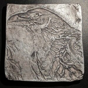 YATAGARASU Clay Relief - Handmade Japanese Mythology Sculpture, Silver, 10x10cm