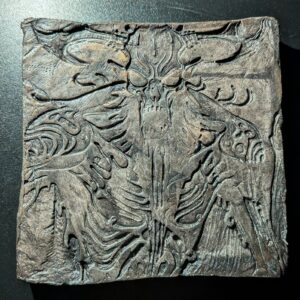 GASHADOKURO Clay Relief - Handmade Yokai Skeleton Sculpture, Dark Copper, 10x10cm