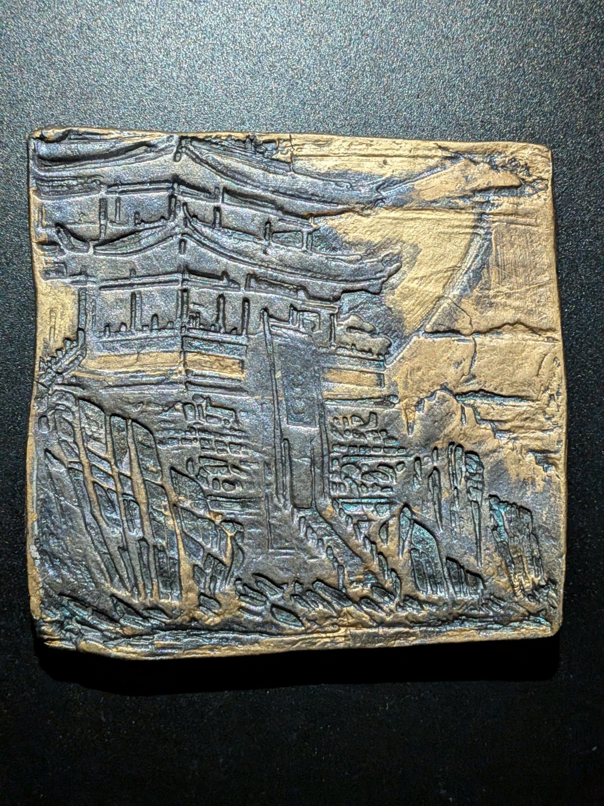 GOLDEN PAGODA Clay Relief - Handmade Japanese Sculpture, Gold/Silver, 10x10cm - Image 2