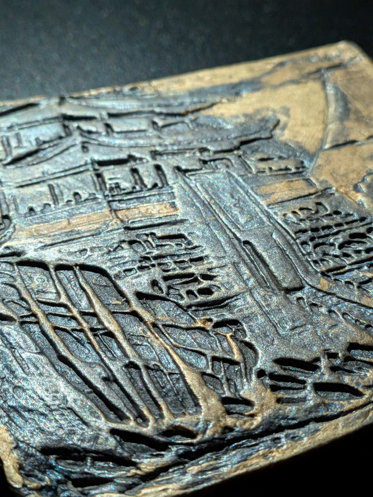 GOLDEN PAGODA Clay Relief - Handmade Japanese Sculpture, Gold/Silver, 10x10cm - Image 6