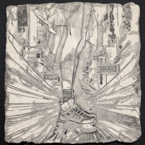 CYBERPUNK GIRL Clay Relief - Handmade Japanese Sci-Fi Sculpture, 20x20cm