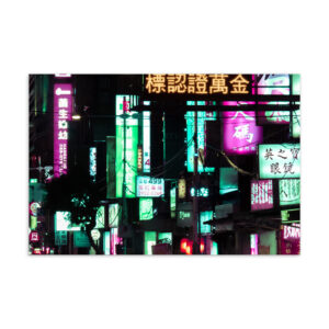 Dense wall of glowing green and white Chinese neon signs on a Taipei street at night, original photography postcard print