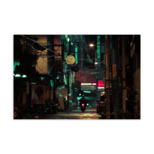 Taipei alley at night with green neon glow and lone motorbike at the far end, original photography postcard print