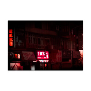 Taipei shopfront at night with glowing red Chinese neon signs against a dark sky, original photography postcard print