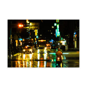 Taipei city street at night in heavy rain with neon reflections and lone figure crossing, original photography postcard print