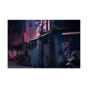 Taipei backstreet at night with corrugated walls and purple ambient light, original photography postcard print