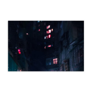 Taipei residential tower at night with red lit windows viewed from a narrow alley, original photography postcard print