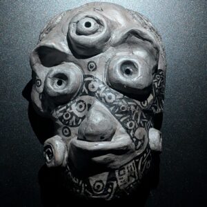 VORTEX GHOST Clay Demon Mask - Handmade Yokai Sculpture, Grey