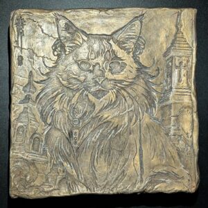BAKENEKO Clay Relief - Handmade Japanese Ghost Cat Sculpture, Gold, 20x20cm