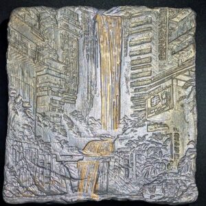 AURO FALLS Clay Relief - Handmade Japanese Sculpture, Metallic, 20x20cm