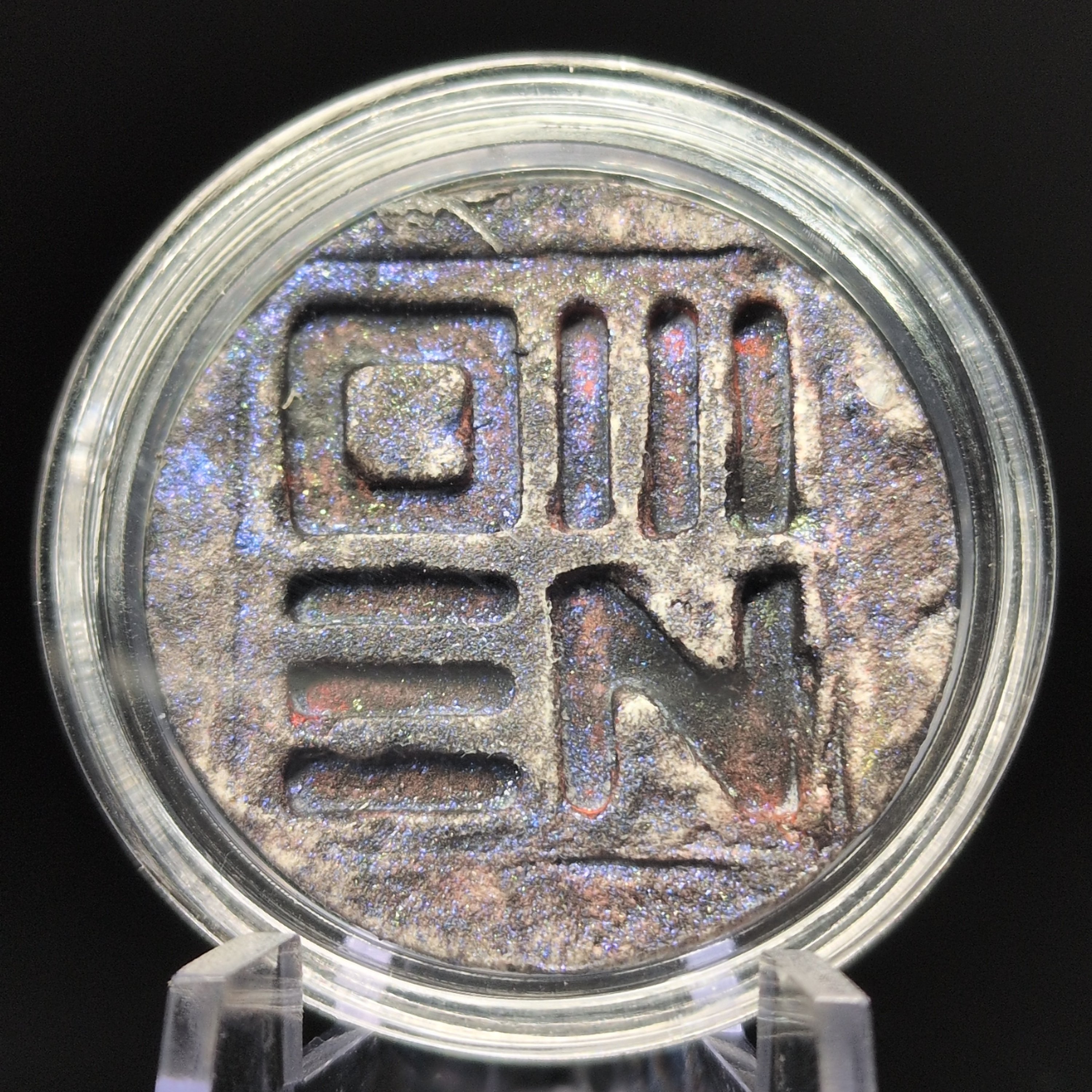 Handmade Clay Art Coin, Geometric Sigil Relief Token, Blue Violet Iridescent Finish, Collector Piece, 27mm, Nocturne Stratum