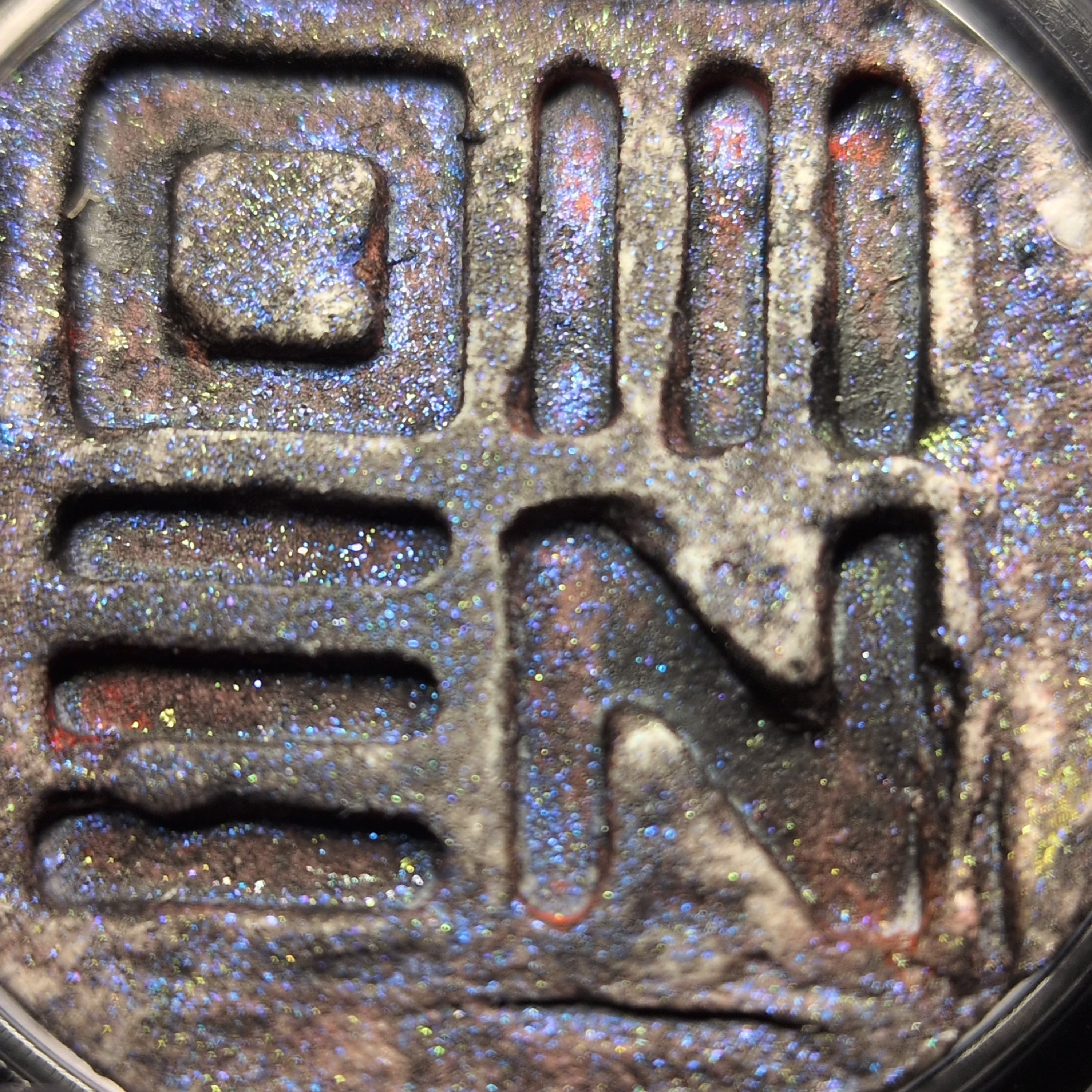 Handmade Clay Art Coin, Geometric Sigil Relief Token, Blue Violet Iridescent Finish, Collector Piece, 27mm, Nocturne Stratum - Image 3