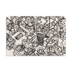 BRUTALIST ROOFTOP GRID – Cyberpunk City Postcard, Sketchbook Print