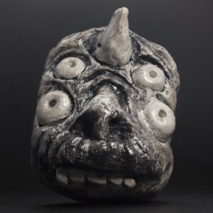 HOSOSHI ONI - Handmade Japanese Clay Effigy, Silver Black, Four-Eyed Watchman