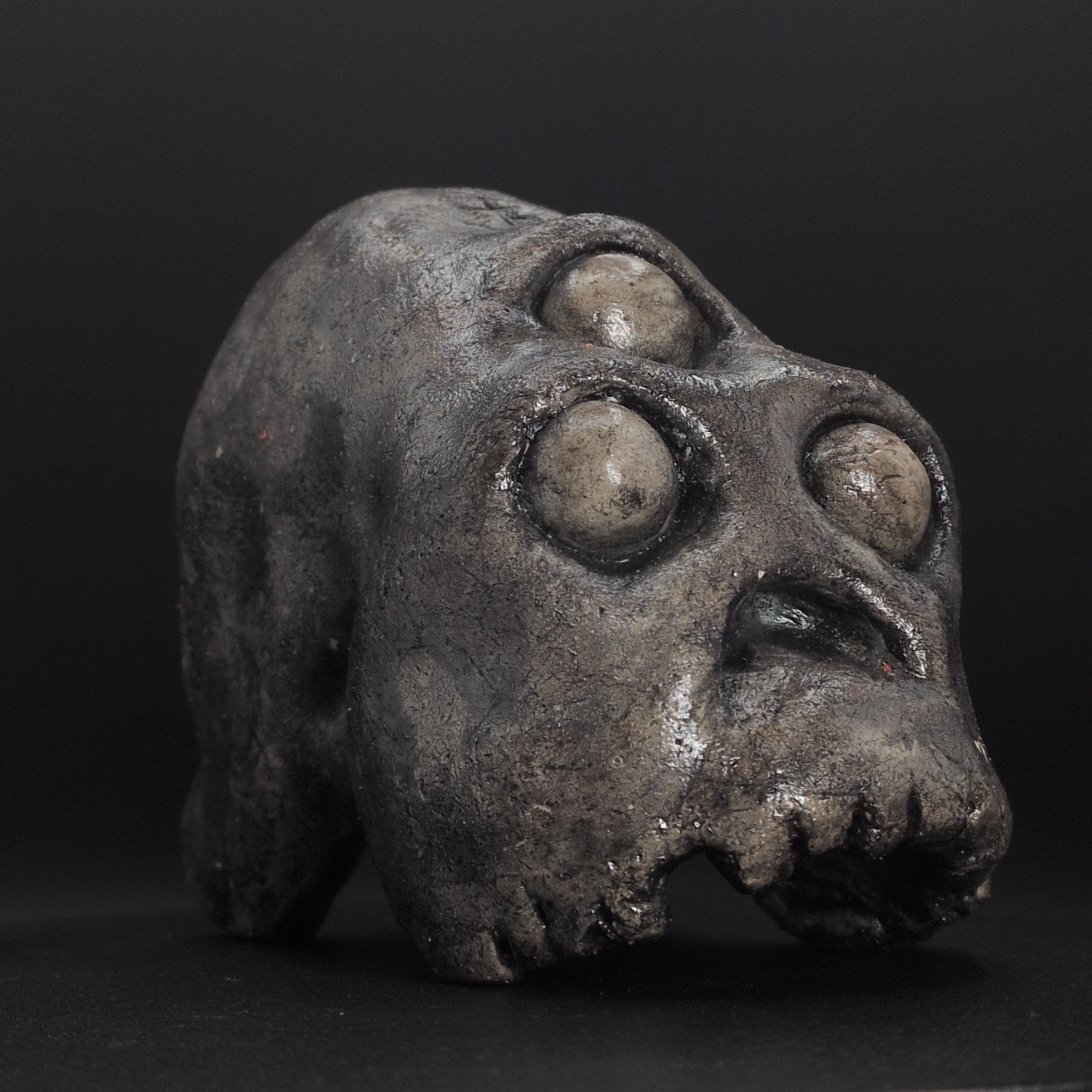 THREE-EYED SKULL - Handmade Japanese Yokai Effigy, Graphite, The Unsleeping