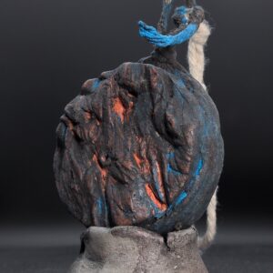 Handmade clay yorishiro spirit vessel, sealed black disc with blue and copper veining on raw base