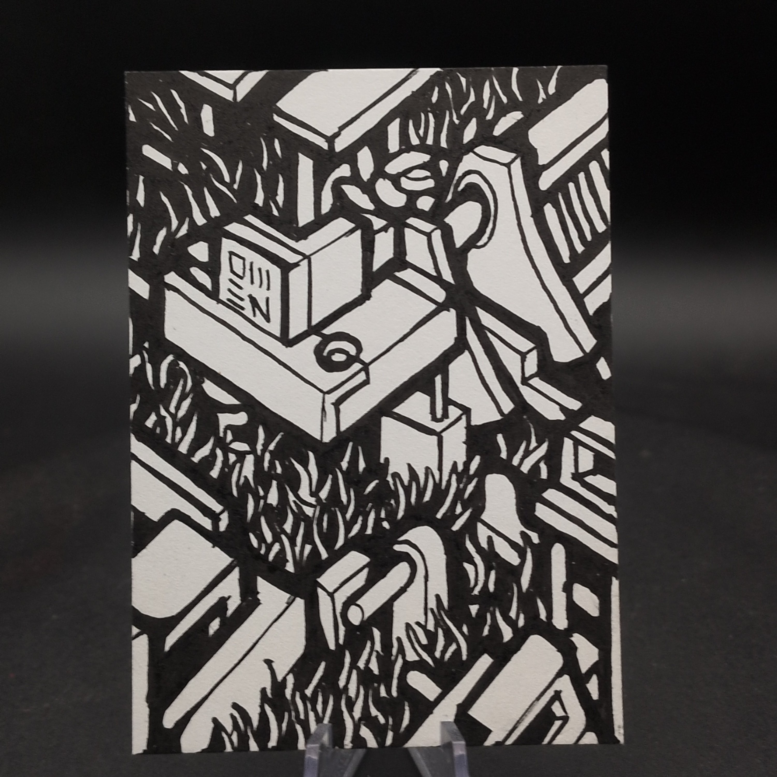 Neo-Shrine Complex ACEO, Original Pen Drawing, Black and White, 6.3x8.9cm (#1 of 4)