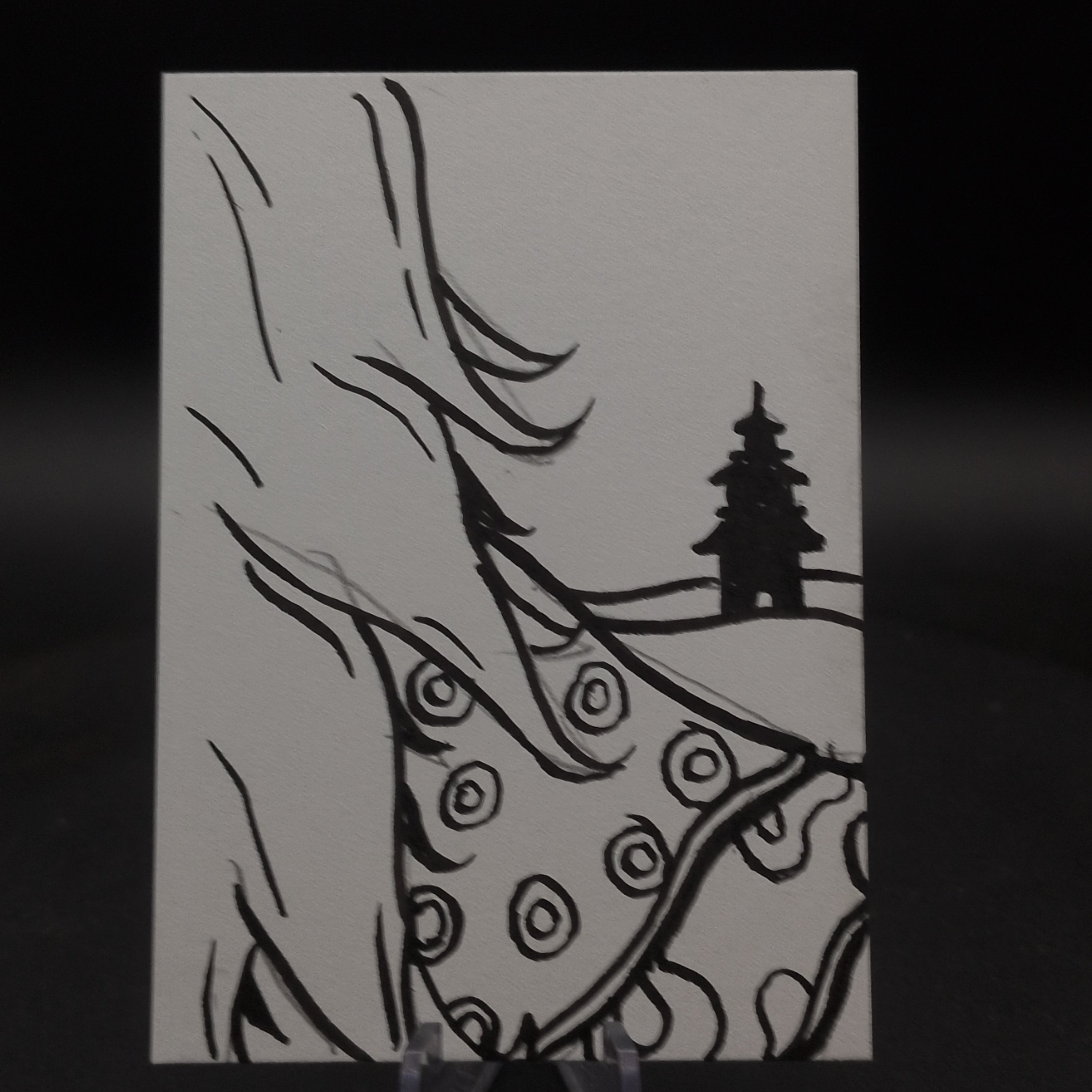ACEO Original Pen Drawing, Yokai Spirit Ink Art, Miniature Art Card, Black and White, 6.3x8.9cm, Yokai Reckoning 3 of 3